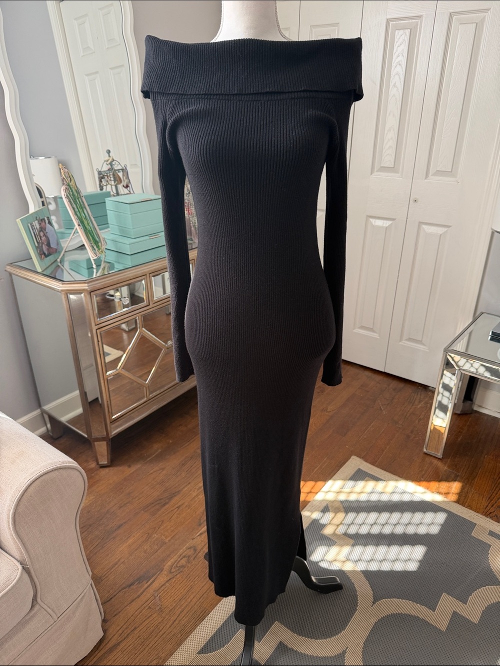 Anthropologie Saturday-Sunday Off or On Shoulder Long Sleeve Blk Ribbed Maxi M